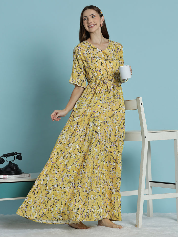 Floral print rayon mustard yellow nighty dress for women