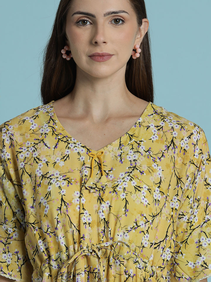 Floral print rayon mustard yellow nighty dress for women