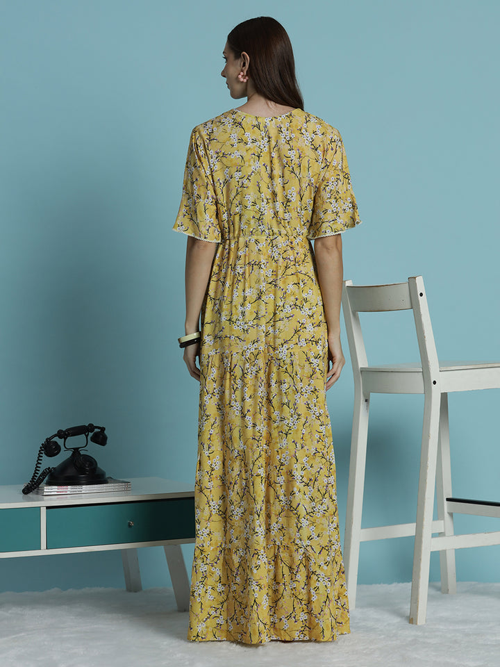 Floral print rayon mustard yellow nighty dress for women