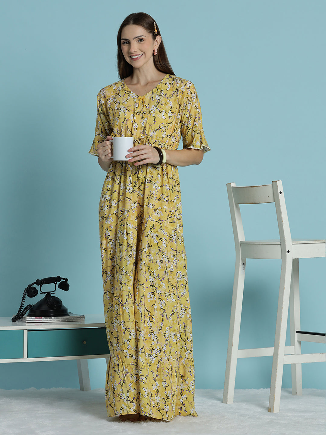 Floral print rayon mustard yellow nighty dress for women