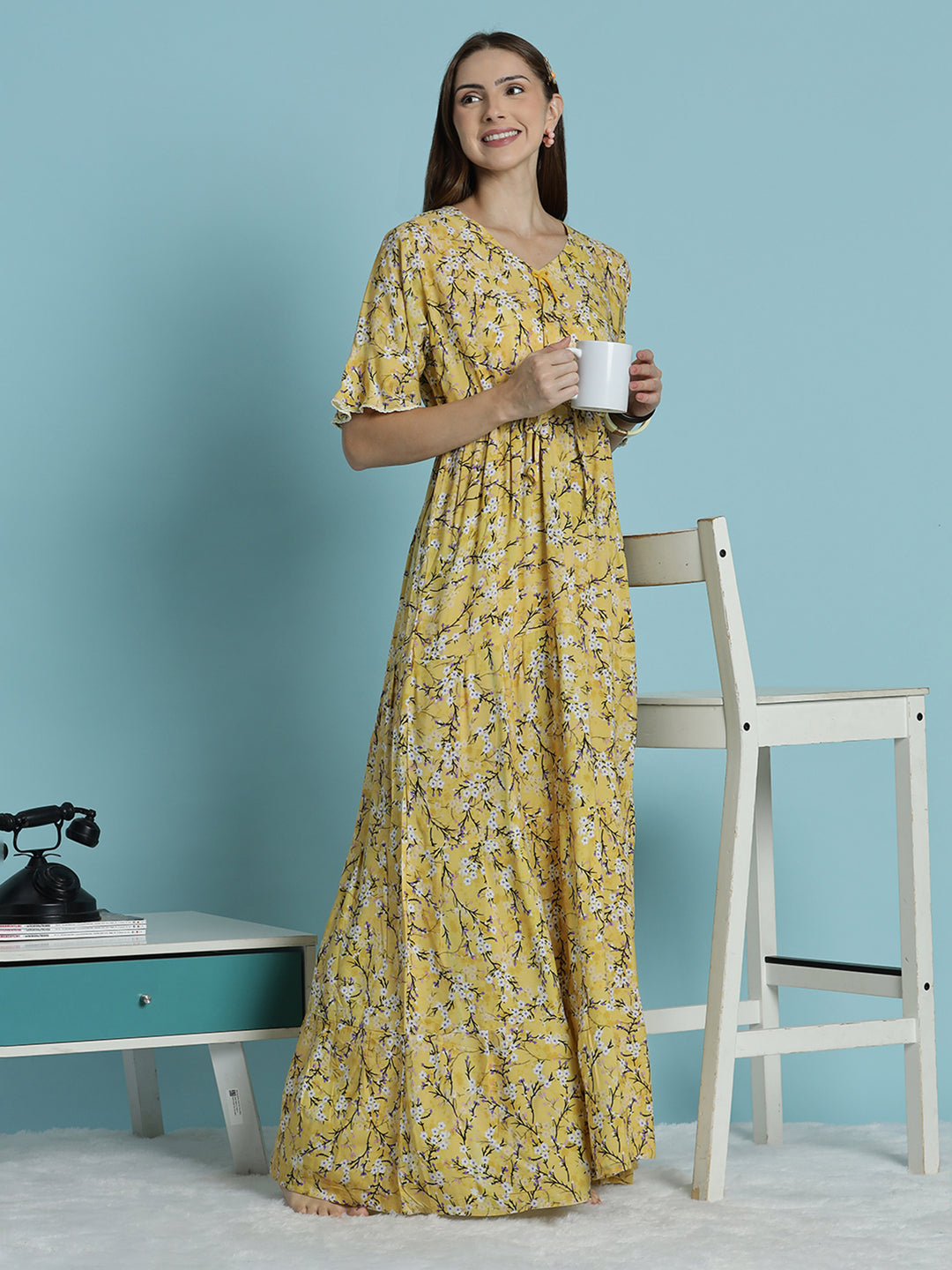 Floral print rayon mustard yellow nighty dress for women