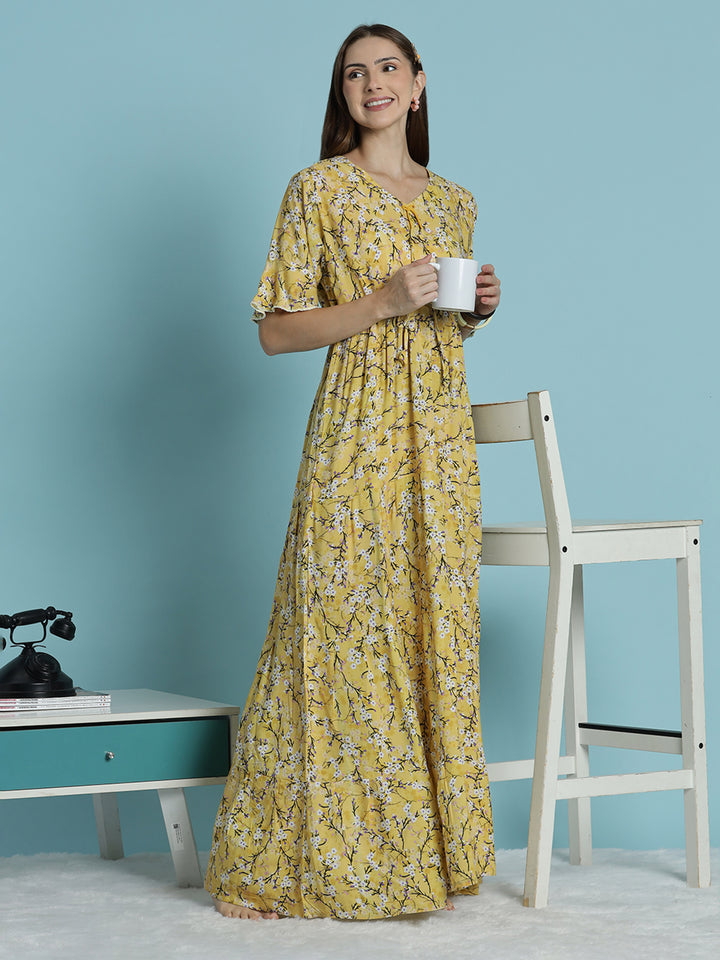 Floral print rayon mustard yellow nighty dress for women