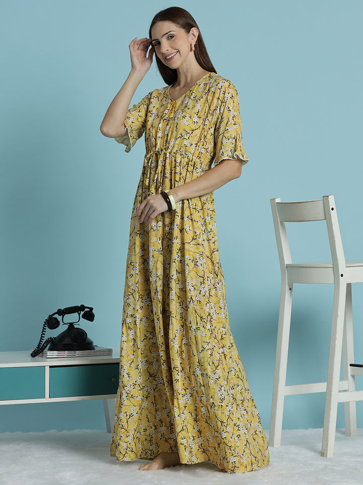 Floral print rayon mustard yellow nighty dress for women