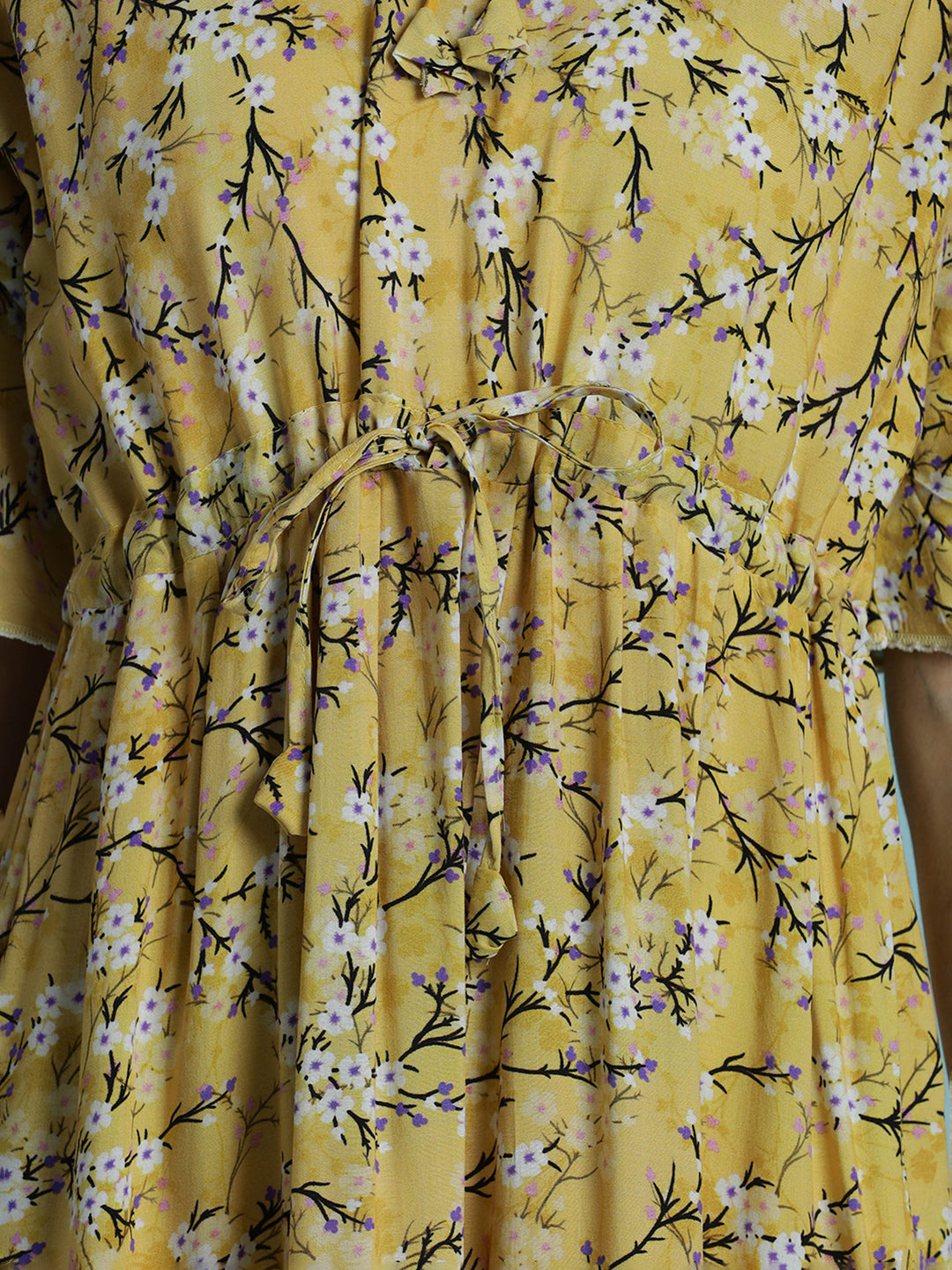 Floral print rayon mustard yellow nighty dress for women