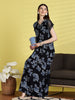 Alpine Floral Print Nighty for Women in Navy Blue with Pocket
