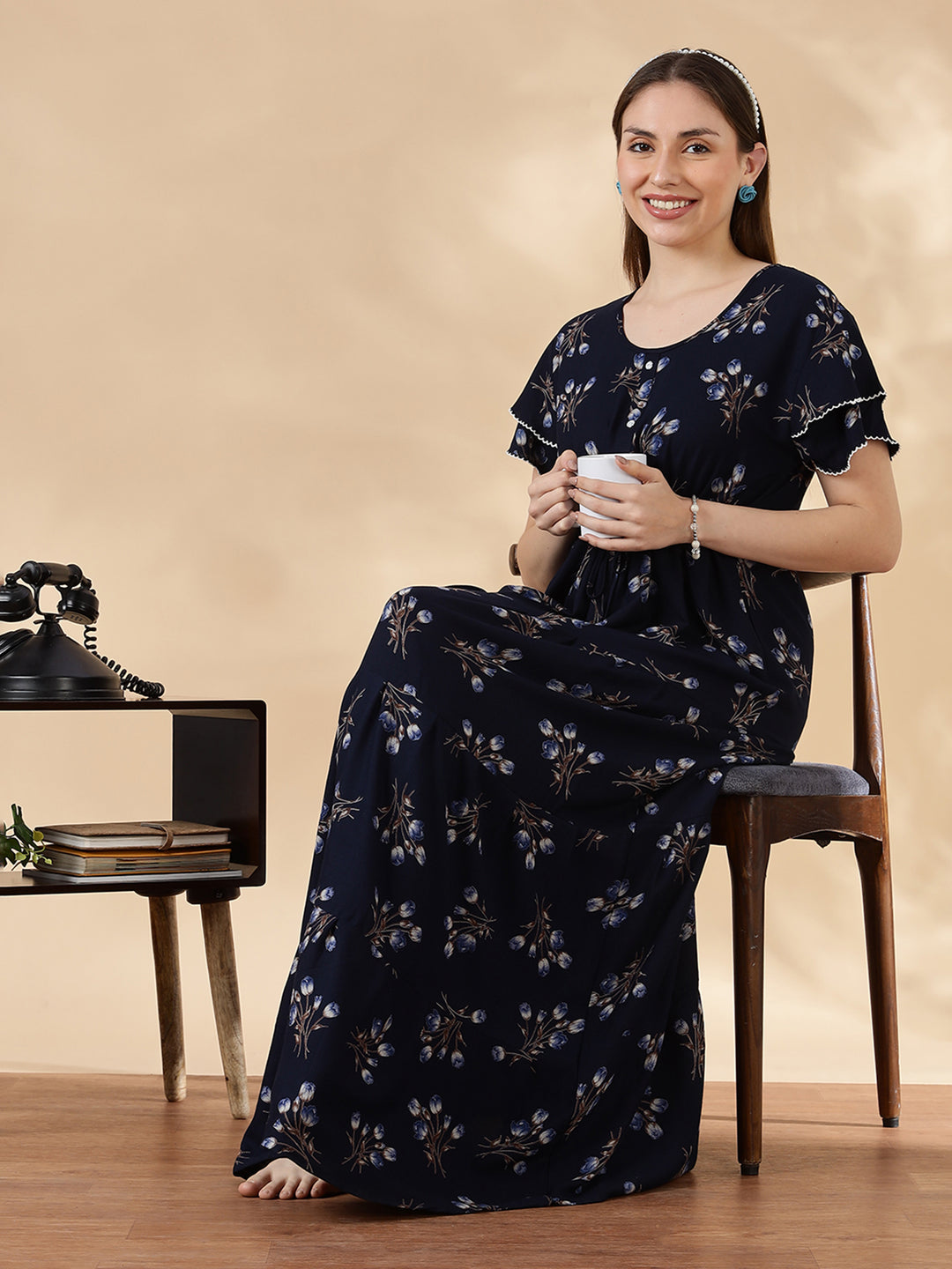 Tulip navy floral branded alpine nighty for women