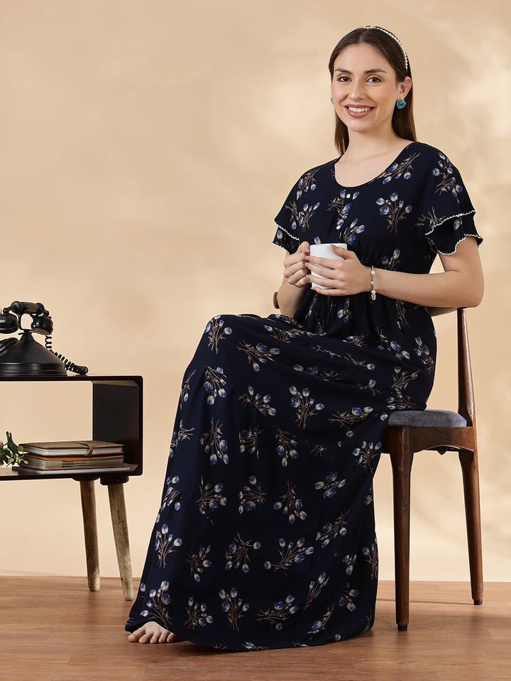 Tulip navy floral branded alpine nighty for women