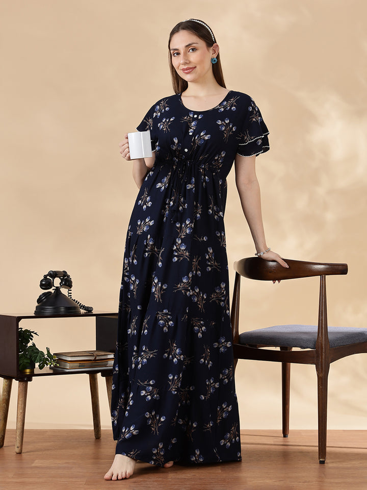 Tulip navy floral branded alpine nighty for women