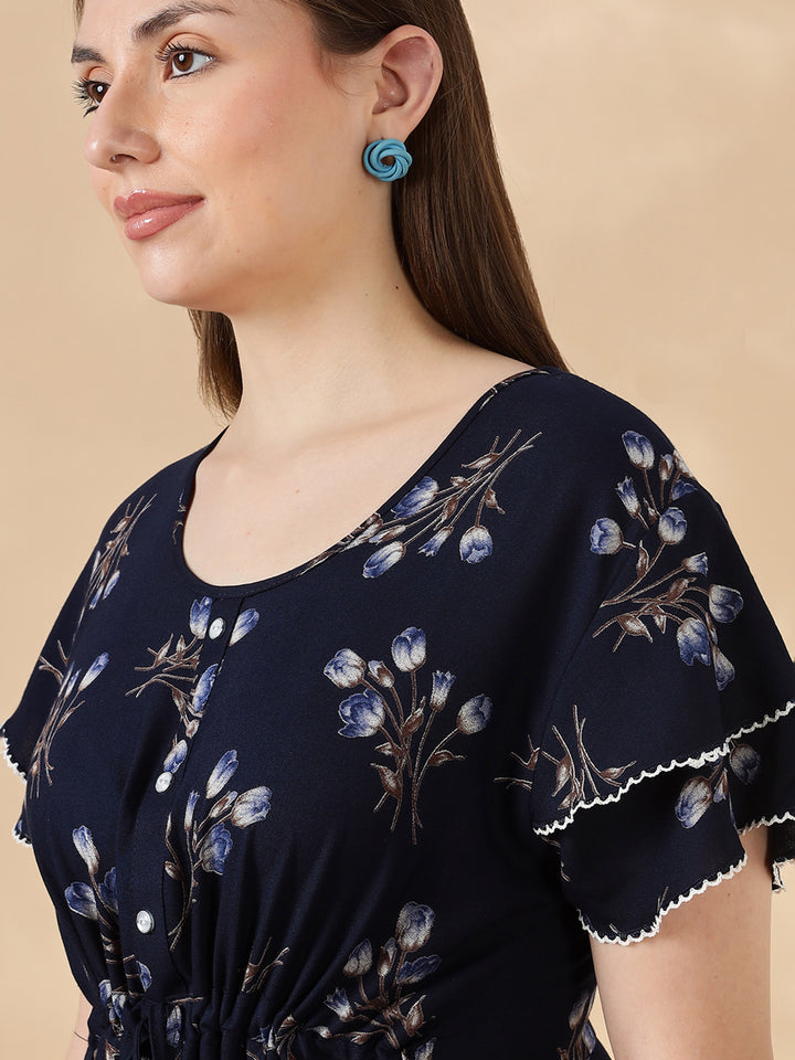 Tulip navy floral branded alpine nighty for women