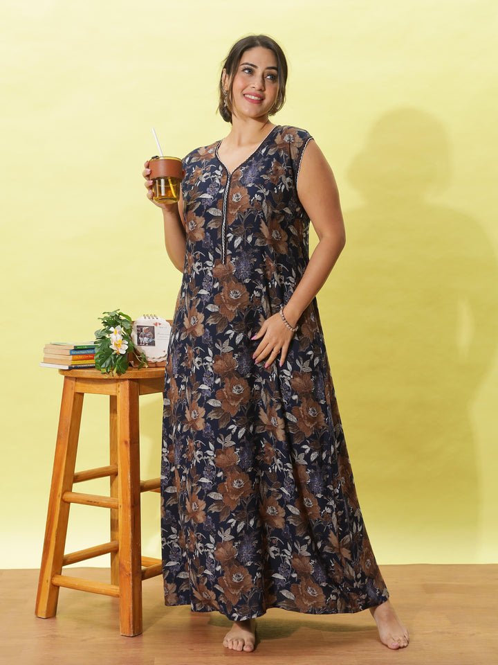 Cozy navy blue floral print sleeveless nighty for women