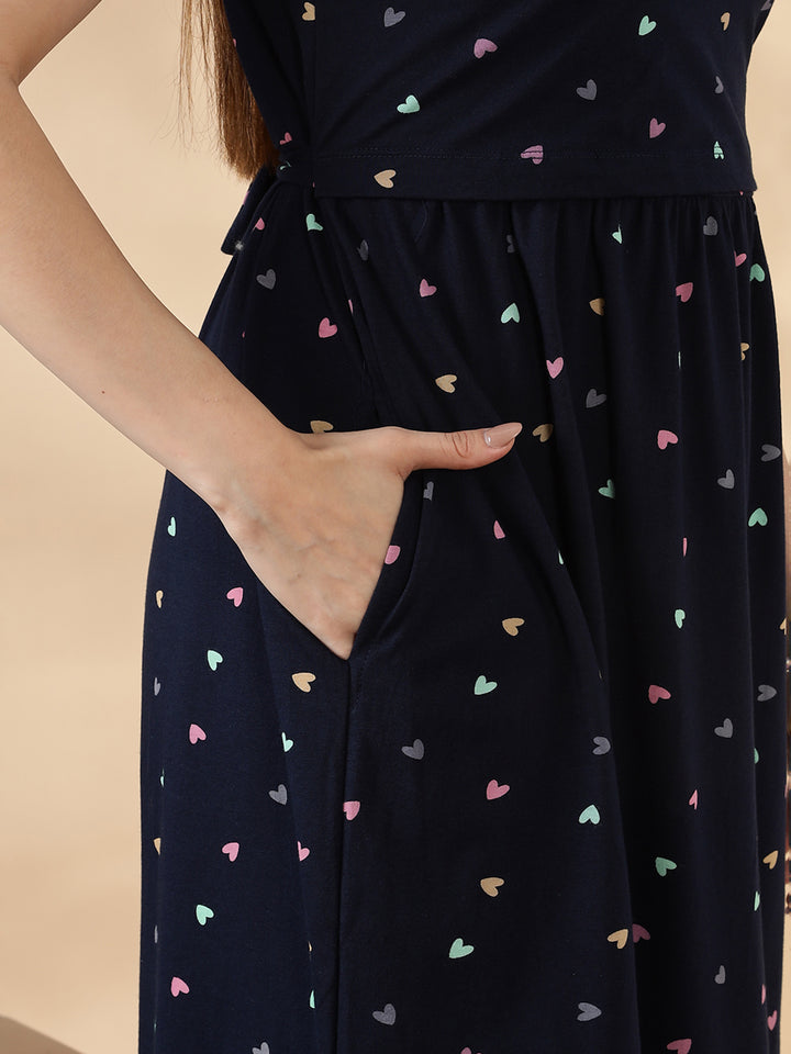 Deep navy pastel hearts cozy maternity nighty for women