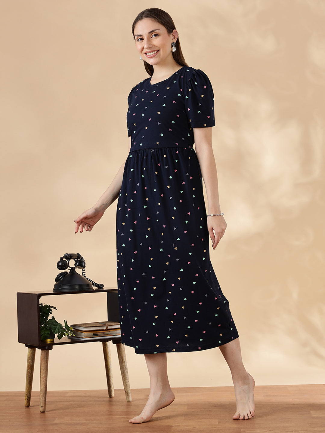 Deep navy pastel hearts cozy maternity nighty for women