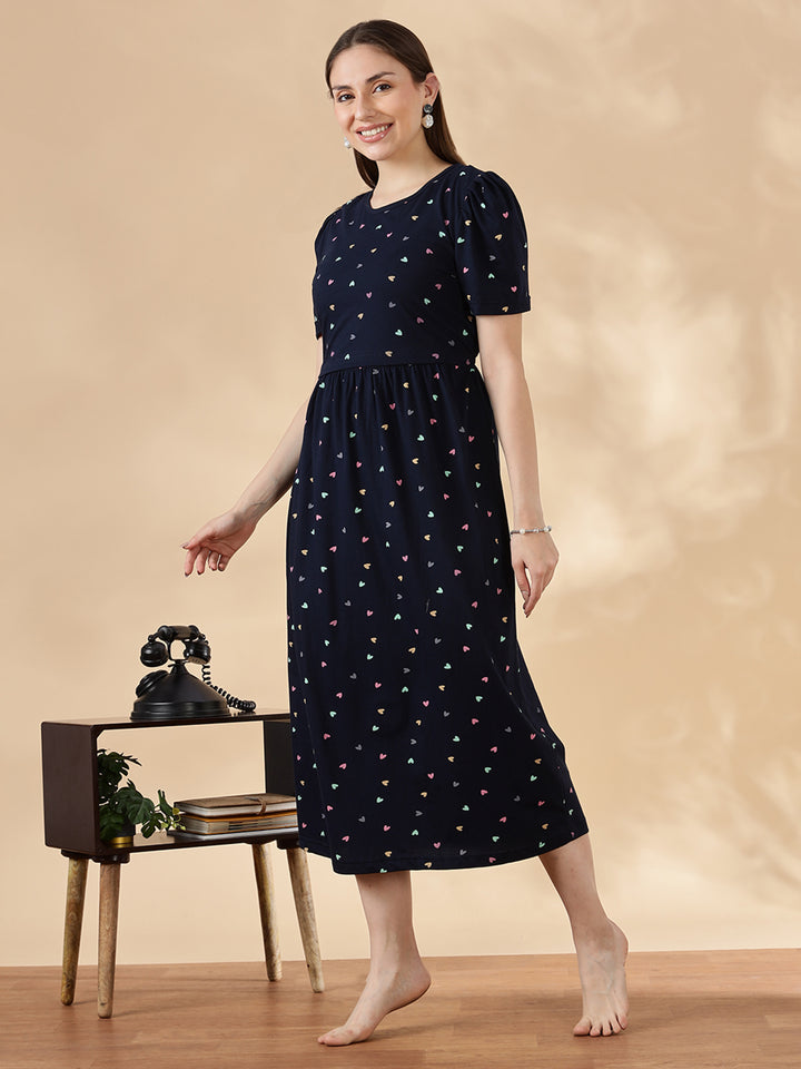 Deep navy pastel hearts cozy maternity nighty for women