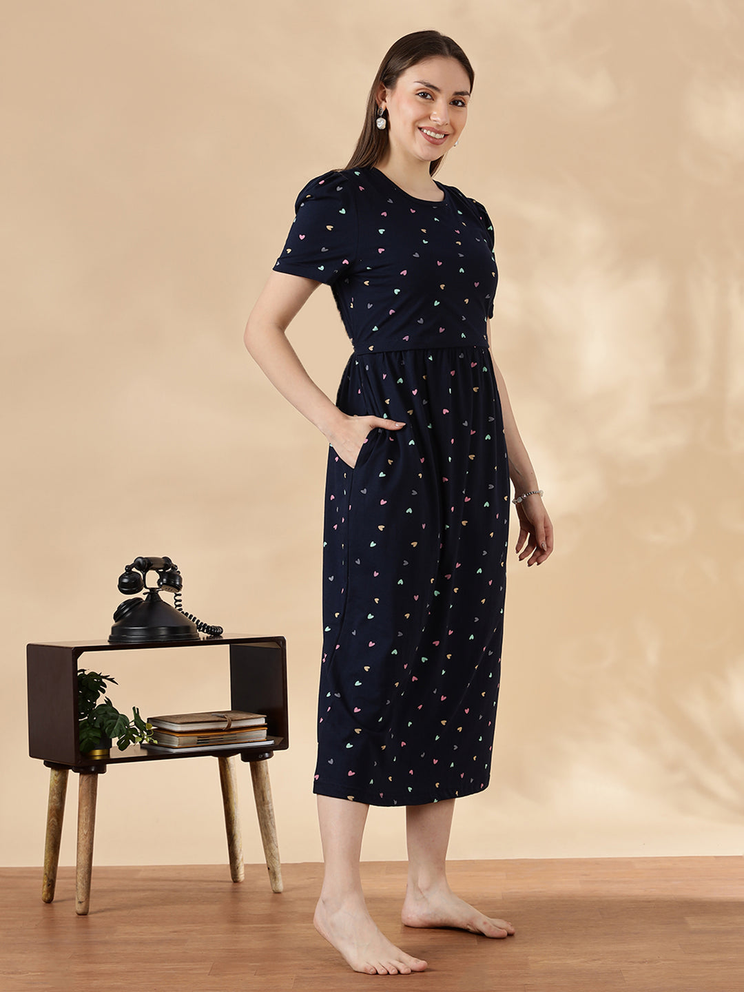 Deep navy pastel hearts cozy maternity nighty for women