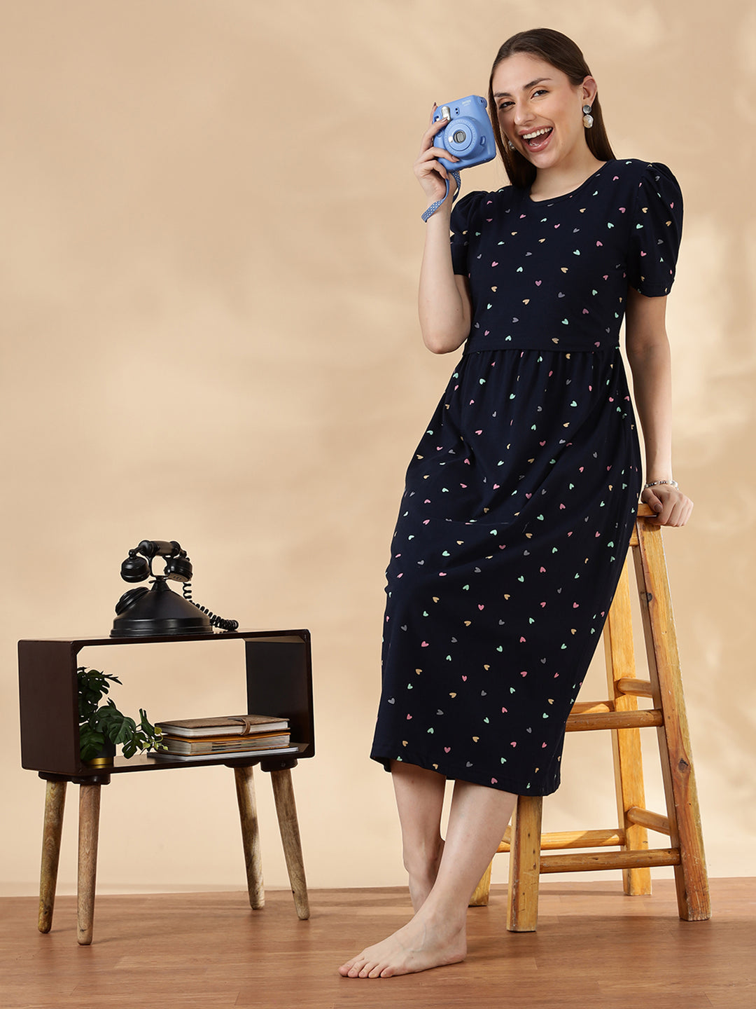 Deep navy pastel hearts cozy maternity nighty for women