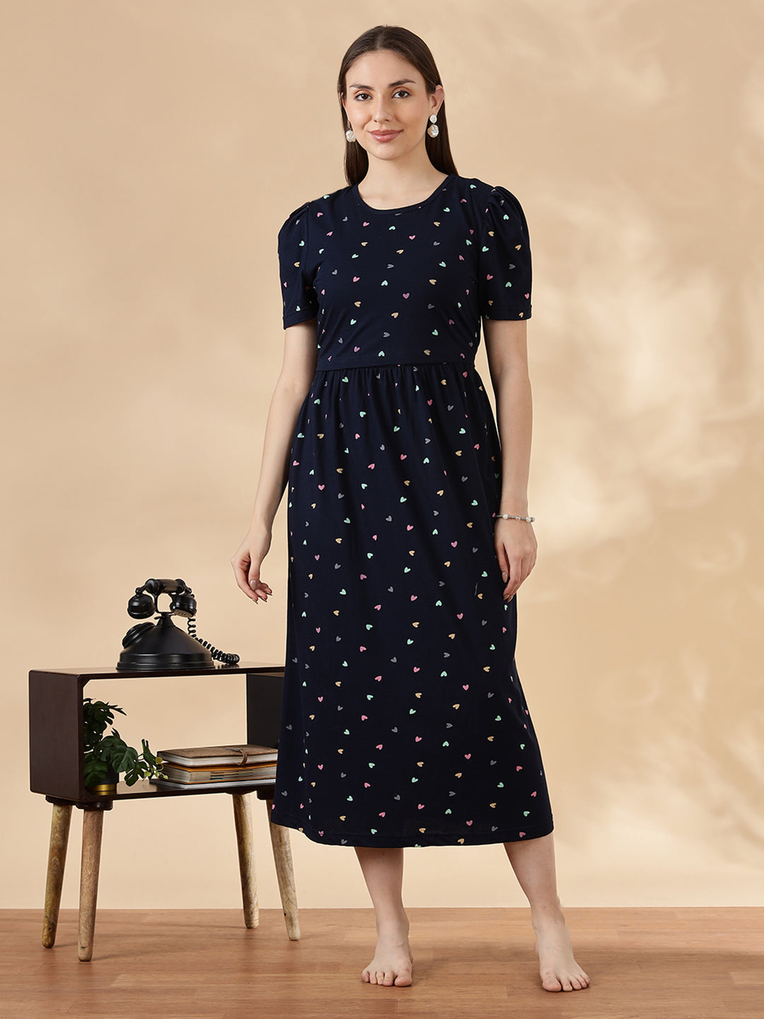 Deep navy pastel hearts cozy maternity nighty for women