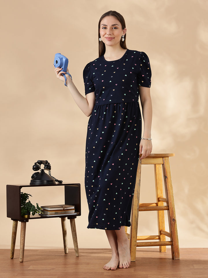 Deep navy pastel hearts cozy maternity nighty for women