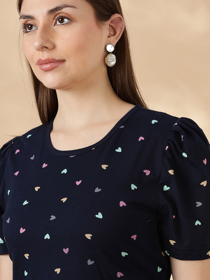 Deep navy pastel hearts cozy maternity nighty for women