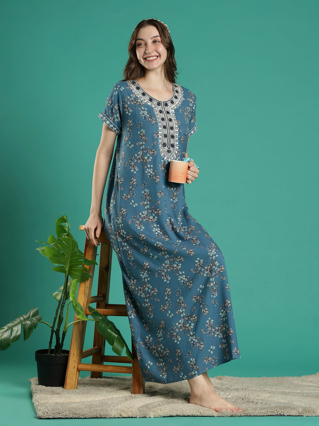 Shop Teal Floral Soft Alpine A Line Night Dress for Women Alpine / XXL/52 Shop Teal Floral Soft Alpine A Line Night Dress for Women Alpine / XXL/52