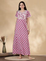 Tropica Mauve Pure Cotton Floral Kantha Work Nighty