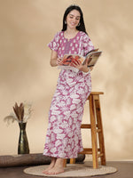 Pure Cotton Kantha Embroidered Nighty for Women in Mauve