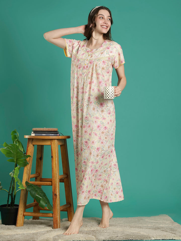 Cream floral hakoba cotton viscose soft nighty for women