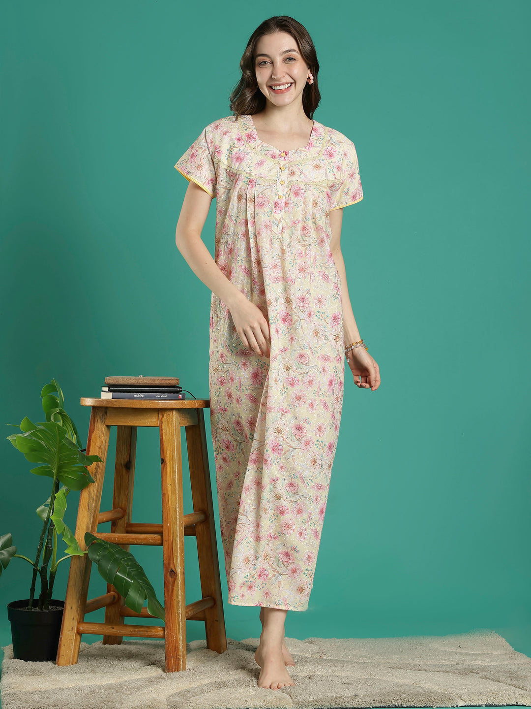 Cream floral hakoba cotton viscose soft nighty for women