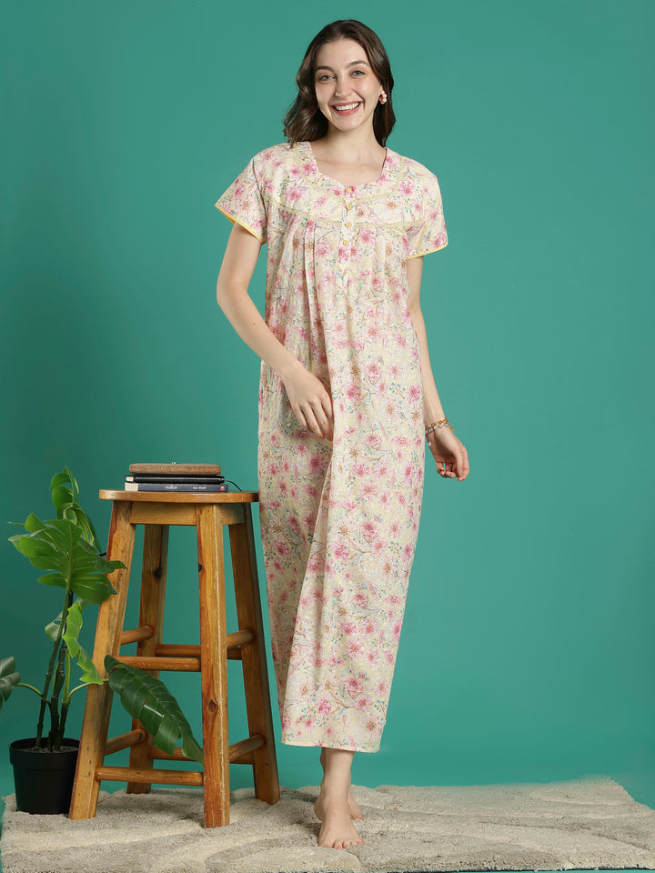 Cream floral hakoba cotton viscose soft nighty for women