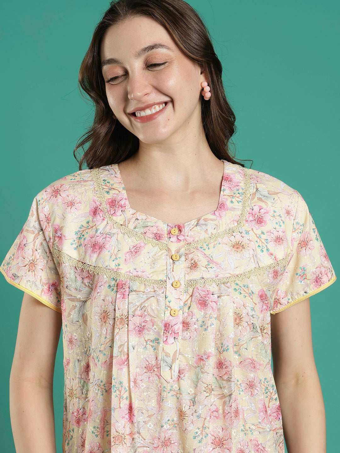 Cream floral hakoba cotton viscose soft nighty for women