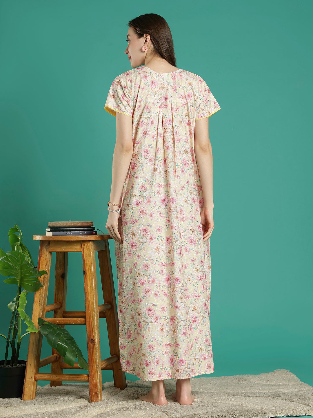 Cream floral hakoba cotton viscose soft nighty for women