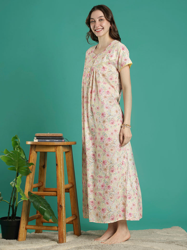 Cream floral hakoba cotton viscose soft nighty for women