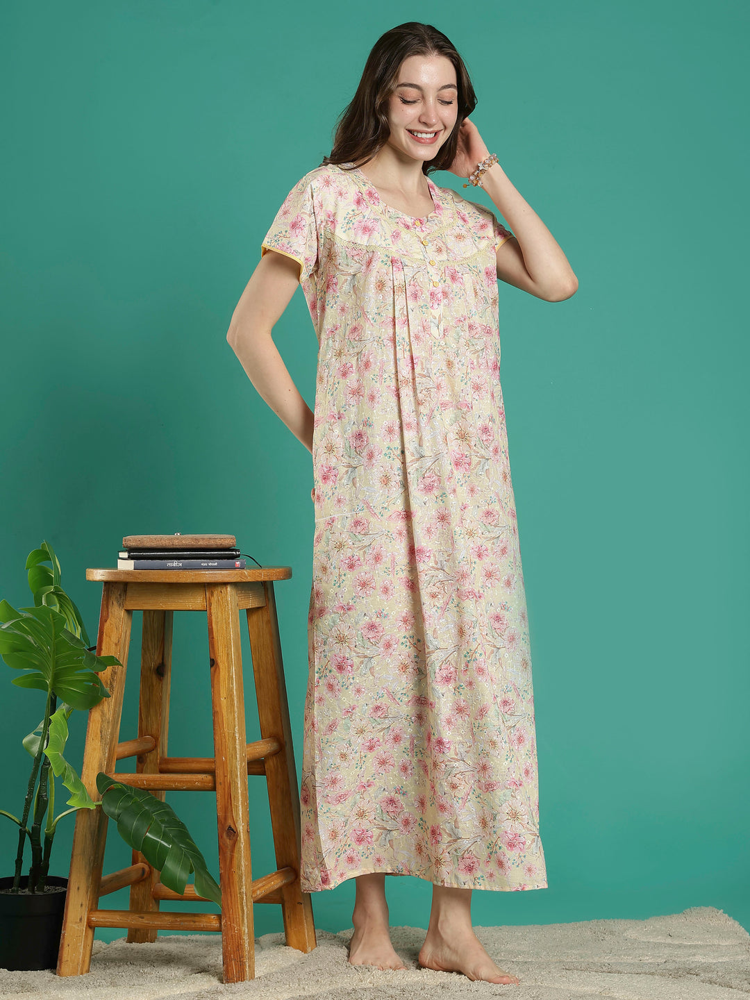 Cream floral hakoba cotton viscose soft nighty for women