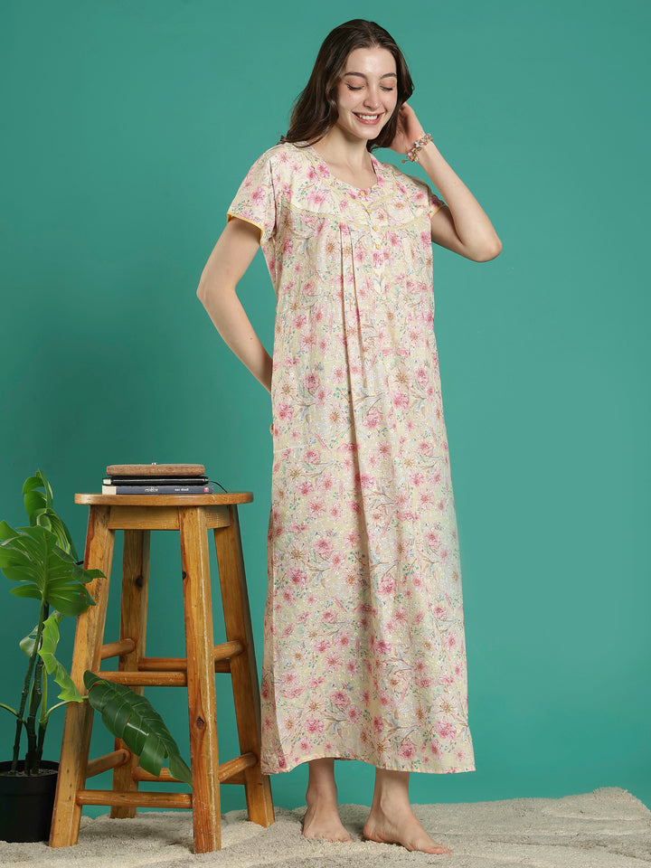 Cream floral hakoba cotton viscose soft nighty for women