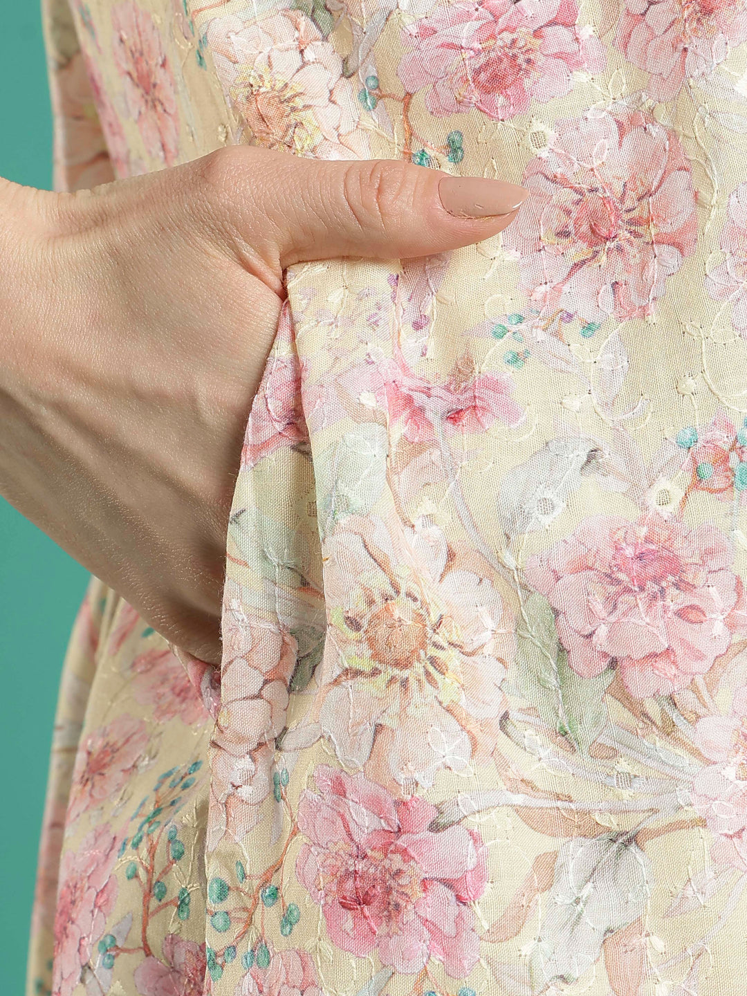 Cream floral hakoba cotton viscose soft nighty for women