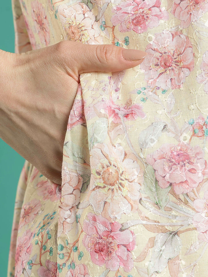 Cream floral hakoba cotton viscose soft nighty for women