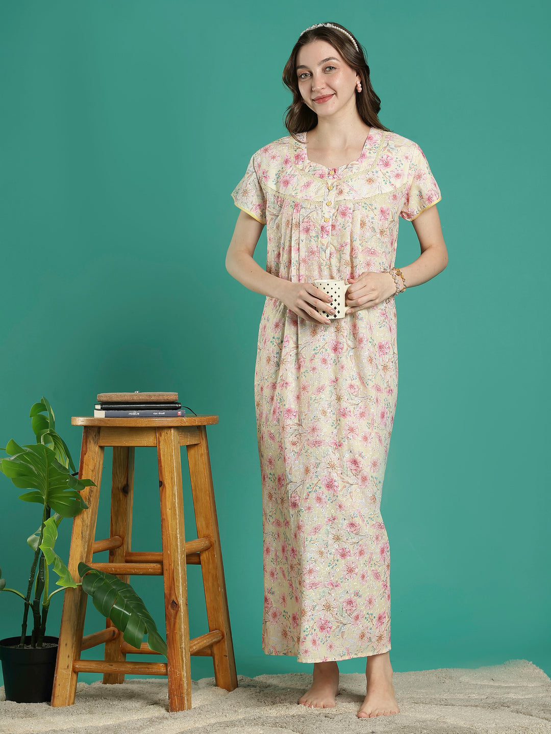 Cream floral hakoba cotton viscose soft nighty for women