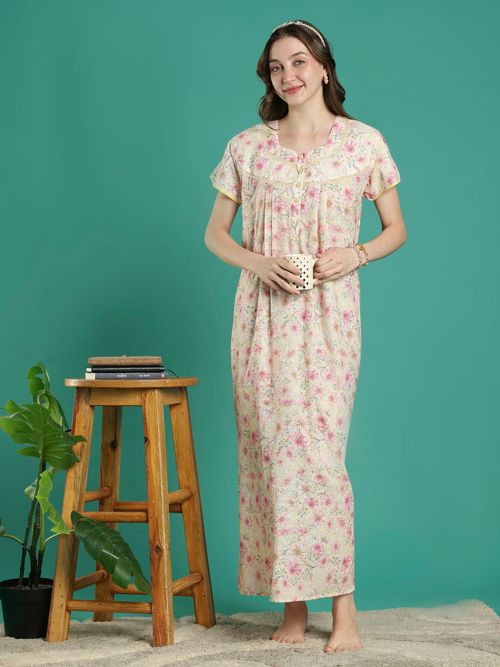 Cream floral hakoba cotton viscose soft nighty for women
