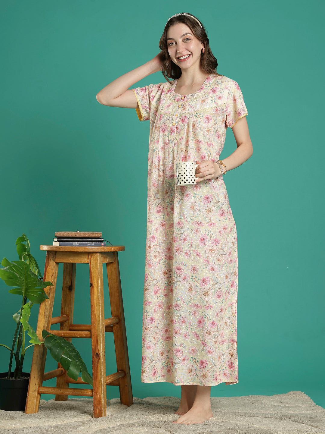 Cream floral hakoba cotton viscose soft nighty for women