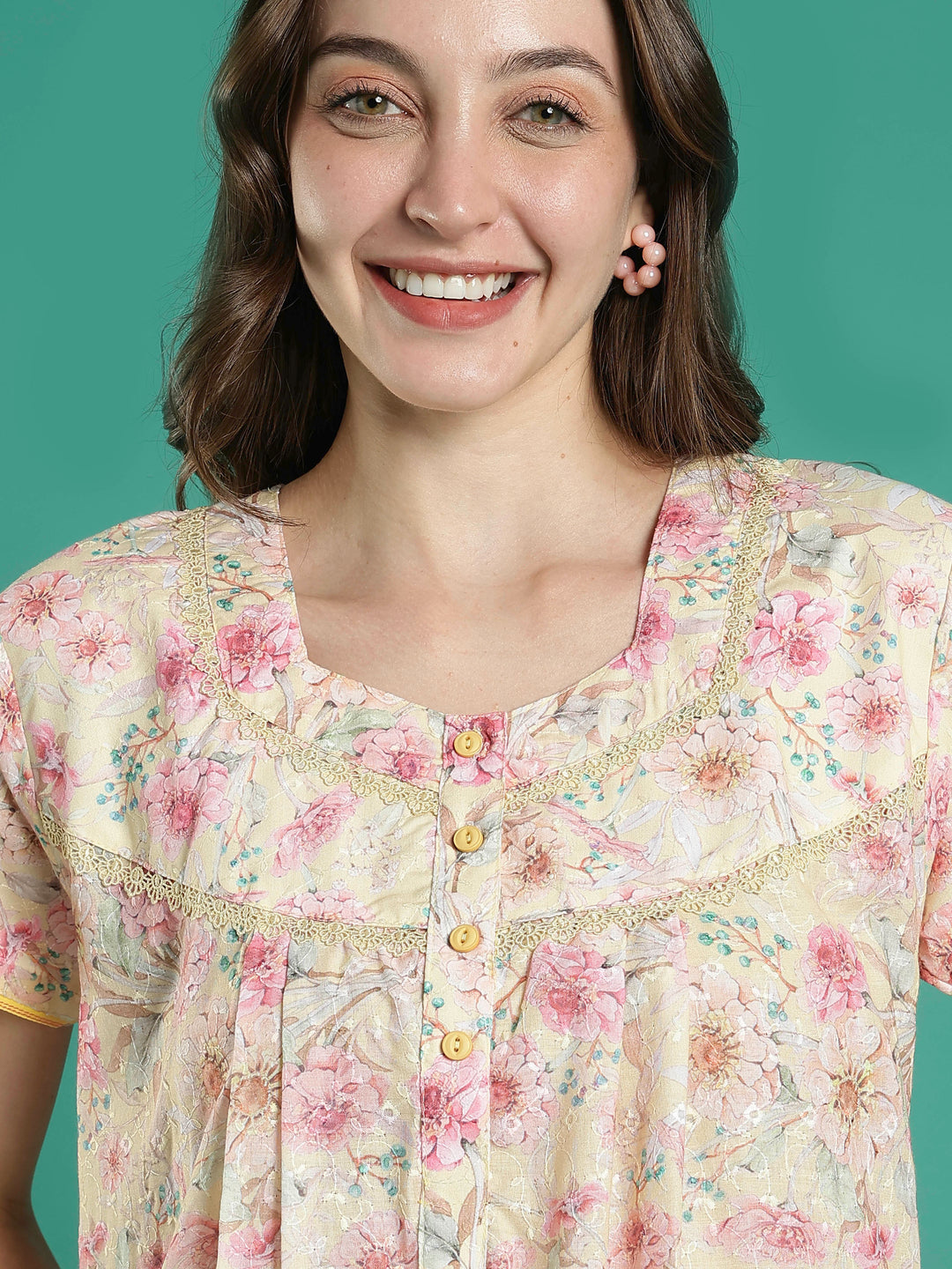 Cream floral hakoba cotton viscose soft nighty for women