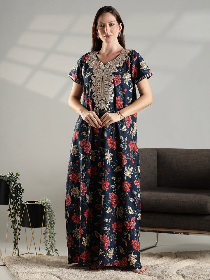 Soft pure cotton nighty for ladies for summer in navy