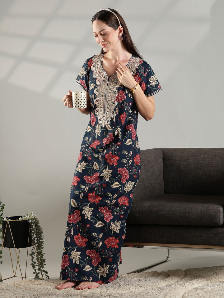 Soft pure cotton nighty for ladies for summer in navy