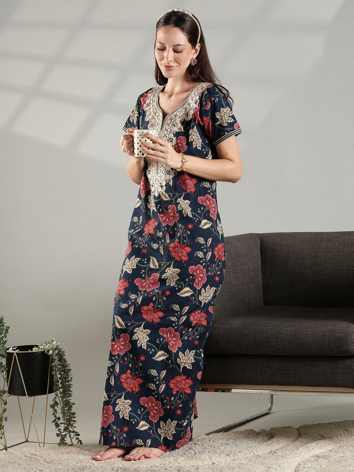 Soft pure cotton nighty for ladies for summer in navy