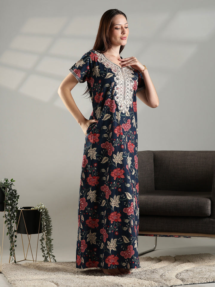 Soft pure cotton nighty for ladies for summer in navy