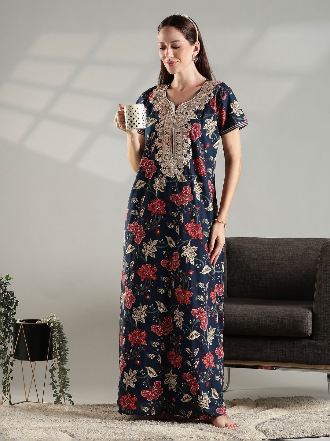 Soft pure cotton nighty for ladies for summer in navy