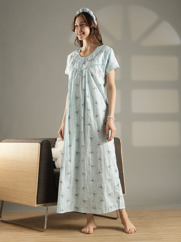 Pastel blue floral pure cotton nighty for summer