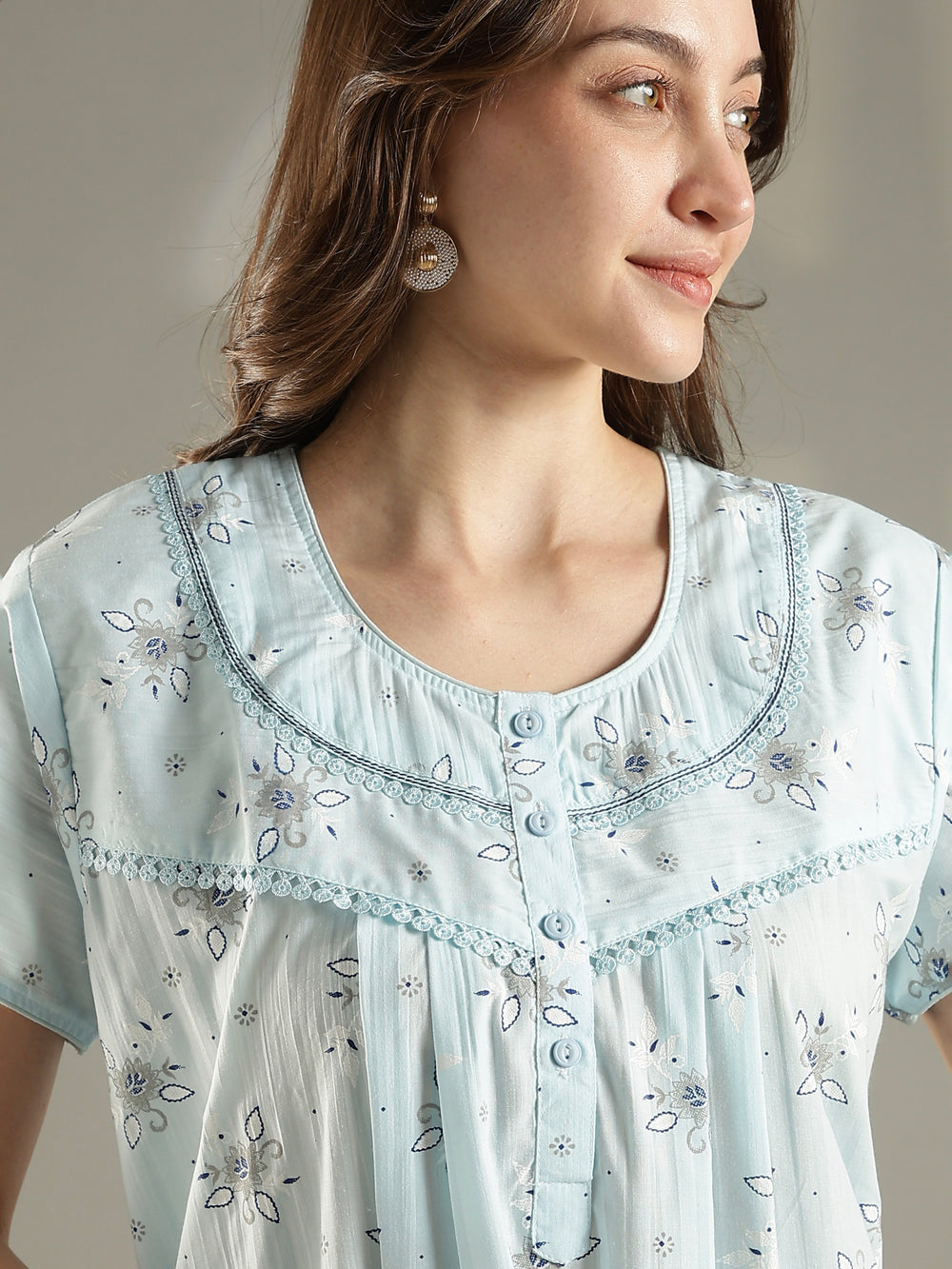 Pastel blue floral pure cotton nighty for summer