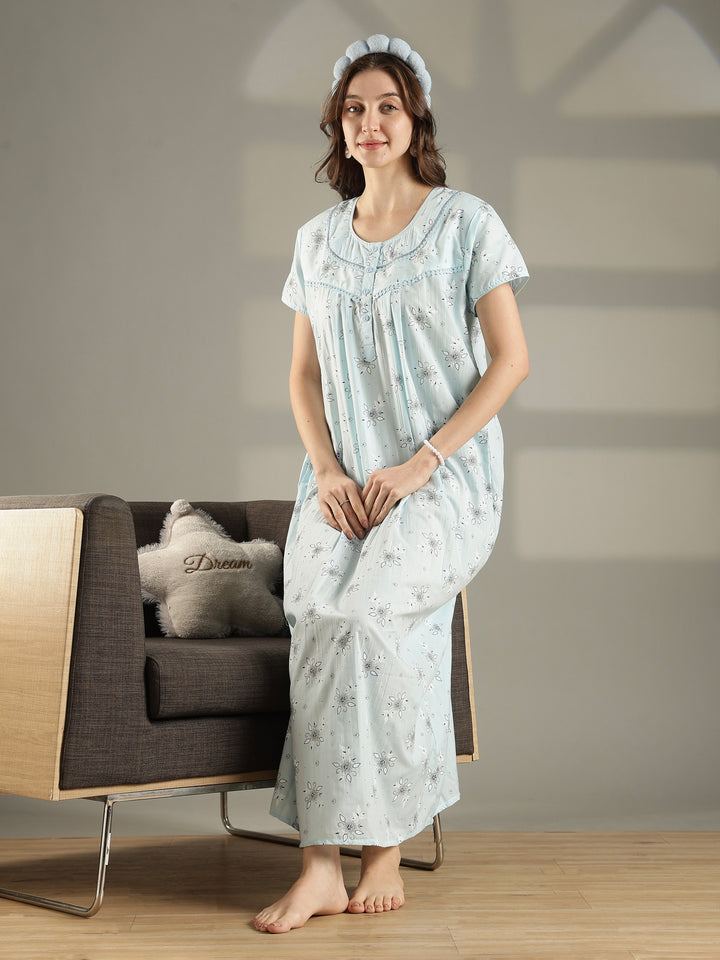 Pastel blue floral pure cotton nighty for summer