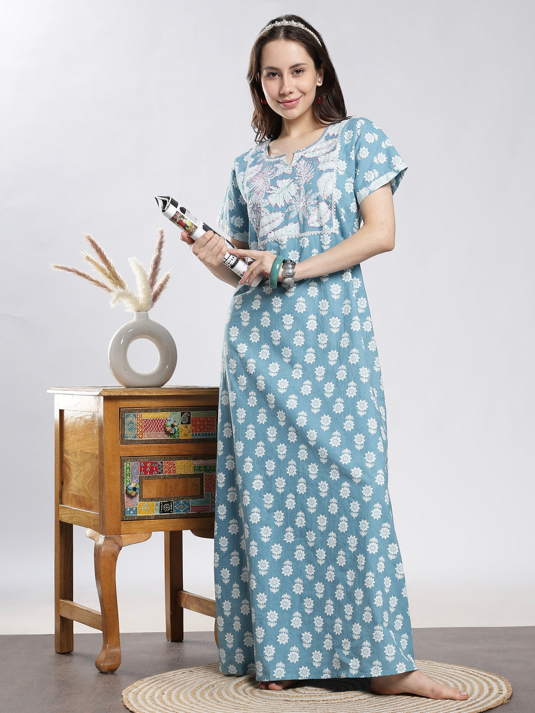 Teal cotton nighty for ladies available in sizes m to 3xl