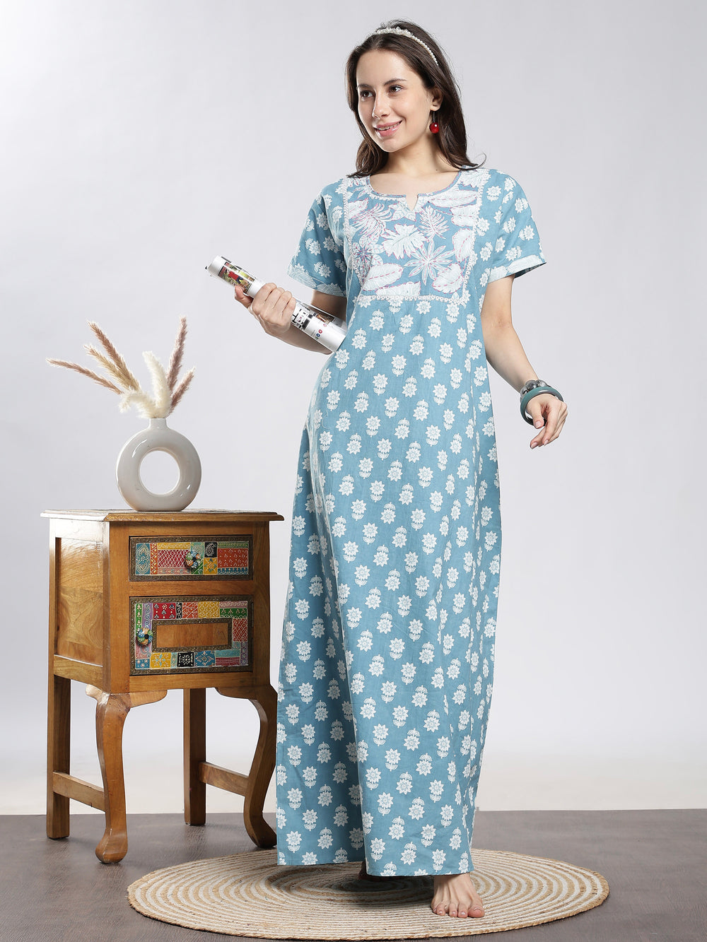 Teal cotton nighty for ladies available in sizes m to 3xl