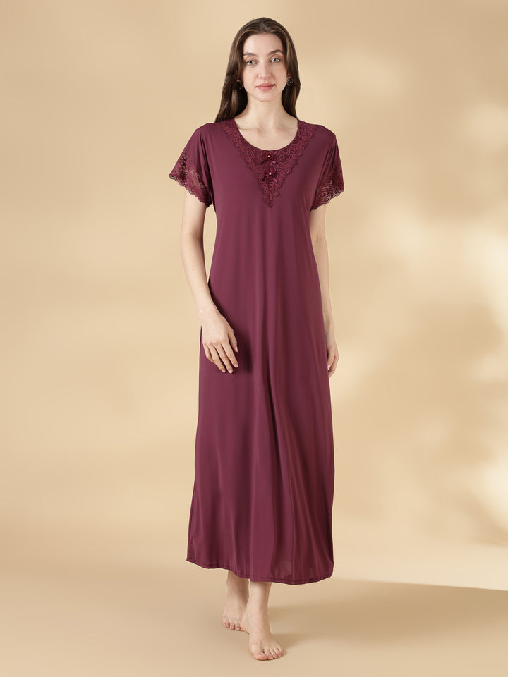 Malai Satin A Line Nighty for Women with Lace Neck Mauve